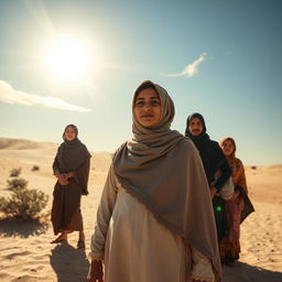 Sumayyah, a brave Muslim woman, is depicted in the scorching heat of the Mecca desert, standing resolutely with her family