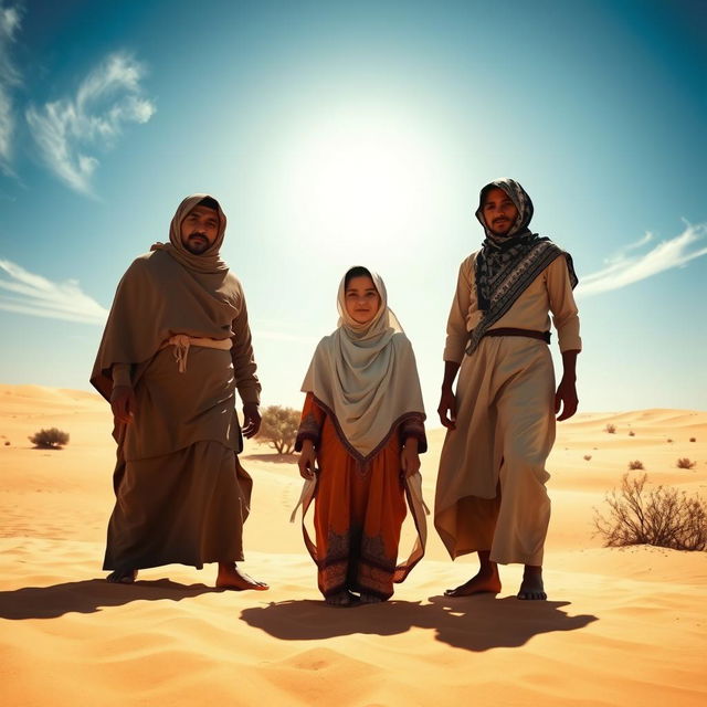 Sumayyah, a brave Muslim woman, is depicted in the scorching heat of the Mecca desert, standing resolutely with her family