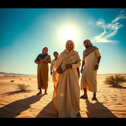 Sumayyah, a brave Muslim woman, is depicted in the scorching heat of the Mecca desert, standing resolutely with her family