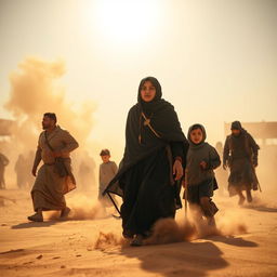 In a dramatic scene, Sumayyah, a courageous Muslim woman, is depicted being forcefully removed from her home alongside her family in the blistering heat of the Mecca desert