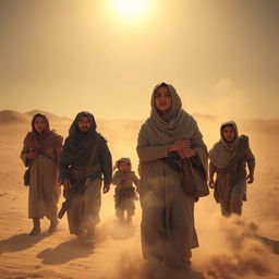 In a dramatic scene, Sumayyah, a courageous Muslim woman, is depicted being forcefully removed from her home alongside her family in the blistering heat of the Mecca desert