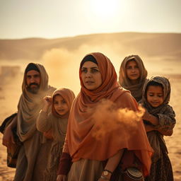 In a dramatic scene, Sumayyah, a courageous Muslim woman, is depicted being forcefully removed from her home alongside her family in the blistering heat of the Mecca desert