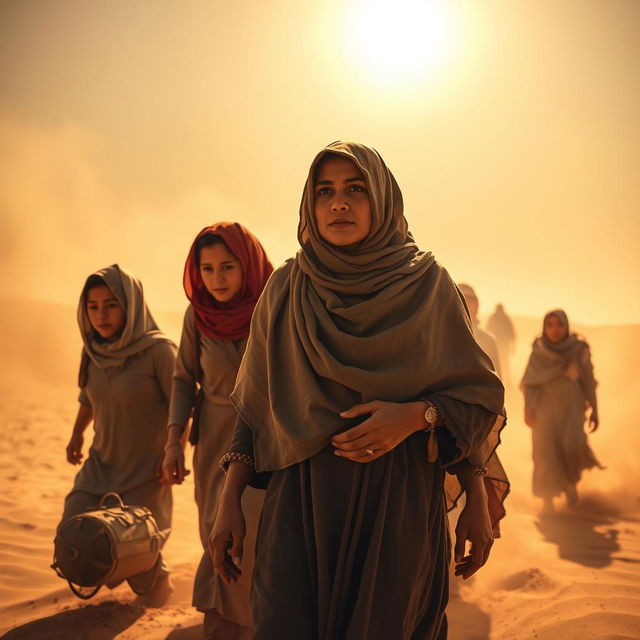 In a dramatic scene, Sumayyah, a courageous Muslim woman, is depicted being forcefully removed from her home alongside her family in the blistering heat of the Mecca desert