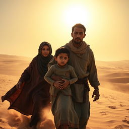 Sumayyah, a determined Muslim woman, is depicted alongside her husband and young son being forcefully dragged out into the scorching heat of the Mecca desert