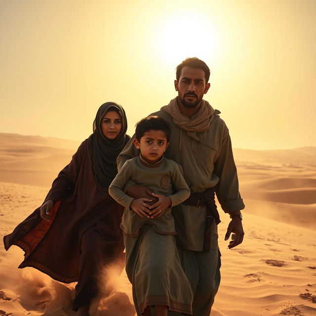 Sumayyah, a determined Muslim woman, is depicted alongside her husband and young son being forcefully dragged out into the scorching heat of the Mecca desert