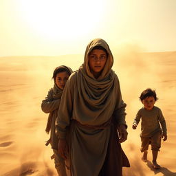 Sumayyah, a determined Muslim woman, is depicted alongside her husband and young son being forcefully dragged out into the scorching heat of the Mecca desert