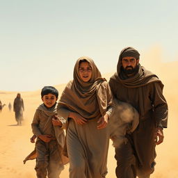 Sumayyah, a determined Muslim woman, is depicted alongside her husband and young son being forcefully dragged out into the scorching heat of the Mecca desert