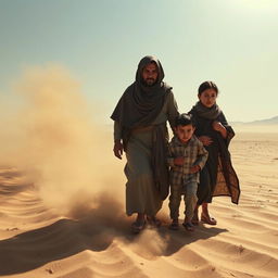 Sumayyah, a determined Muslim woman, is depicted alongside her husband and young son being forcefully dragged out into the scorching heat of the Mecca desert