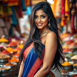 A stunning, attractive Indian woman with long, flowing black hair, dressed in a stylish, form-fitting traditional saree that highlights her curves
