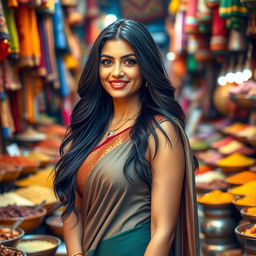 A stunning, attractive Indian woman with long, flowing black hair, dressed in a stylish, form-fitting traditional saree that highlights her curves