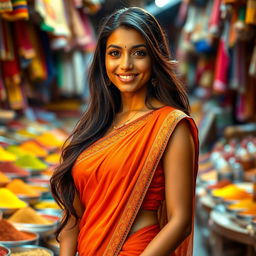 A stunning, attractive Indian woman with long, flowing black hair, dressed in a stylish, form-fitting traditional saree that highlights her curves