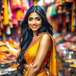 A stunning, attractive Indian woman with long, flowing black hair, dressed in a stylish, form-fitting traditional saree that highlights her curves