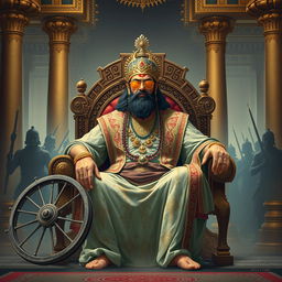 A modern interpretation of Dhritarashtra, the blind prince from the Indian epic Mahabharata, depicted as a regal and imposing figure