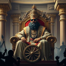 A modern interpretation of Dhritarashtra, the blind prince from the Indian epic Mahabharata, depicted as a regal and imposing figure