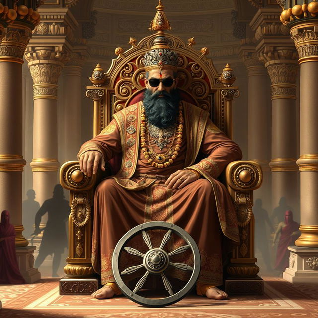 A modern interpretation of Dhritarashtra, the blind prince from the Indian epic Mahabharata, depicted as a regal and imposing figure