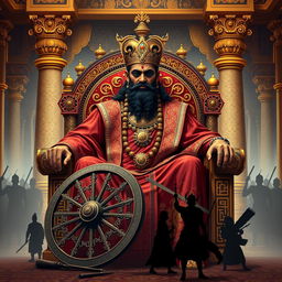 A modern interpretation of Dhritarashtra, the blind prince from the Indian epic Mahabharata, depicted as a regal and imposing figure