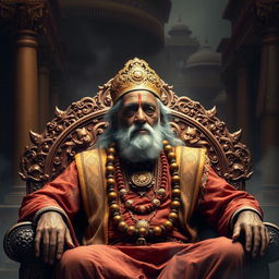 An elderly, blind king named Dhritarashtra, regal and imposing, sitting on a luxurious throne adorned with intricate carvings