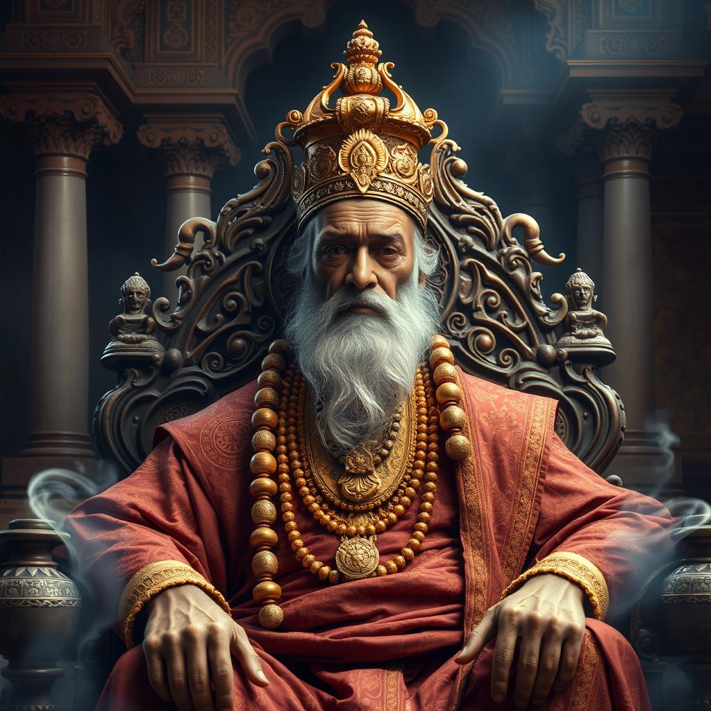 An elderly, blind king named Dhritarashtra, regal and imposing, sitting on a luxurious throne adorned with intricate carvings