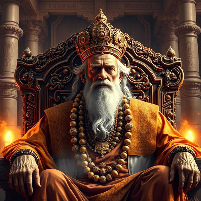 An elderly, blind king named Dhritarashtra, regal and imposing, sitting on a luxurious throne adorned with intricate carvings