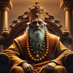 An elderly, blind king named Dhritarashtra, regal and imposing, sitting on a luxurious throne adorned with intricate carvings