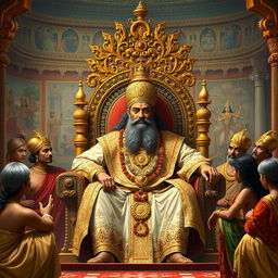 A regal depiction of Dhritarashtra, the blind king from the Mahabharata, sitting on a grand throne within his opulent palace