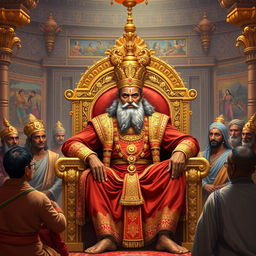 A regal depiction of Dhritarashtra, the blind king from the Mahabharata, sitting on a grand throne within his opulent palace