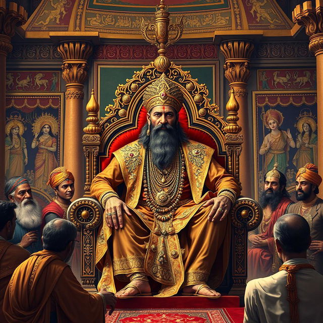 A regal depiction of Dhritarashtra, the blind king from the Mahabharata, sitting on a grand throne within his opulent palace