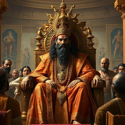 A regal depiction of Dhritarashtra, the blind king from the Mahabharata, sitting on a grand throne within his opulent palace