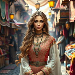 A beautiful Arab princess with long flowing hair and a traditional ornate dress, showcasing her elegant features and confident demeanor