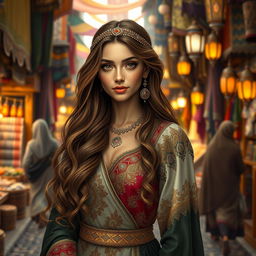 A beautiful Arab princess with long flowing hair and a traditional ornate dress, showcasing her elegant features and confident demeanor