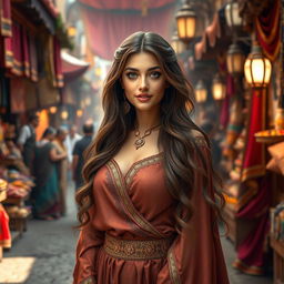 A beautiful Arab princess with long flowing hair and a traditional ornate dress, showcasing her elegant features and confident demeanor
