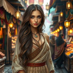 A beautiful Arab princess with long flowing hair and a traditional ornate dress, showcasing her elegant features and confident demeanor