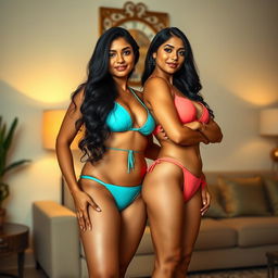 A full-length portrait of two beautiful fair-skinned Indian women posing confidently at home in stylish bikinis, each with a different color
