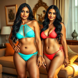 A full-length portrait of two beautiful fair-skinned Indian women posing confidently at home in stylish bikinis, each with a different color