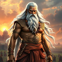 A majestic and powerful portrayal of Bhishma Pitamah from the Indian epic Mahabharata, depicted as an aged warrior with a strong physique and an impressive demeanor