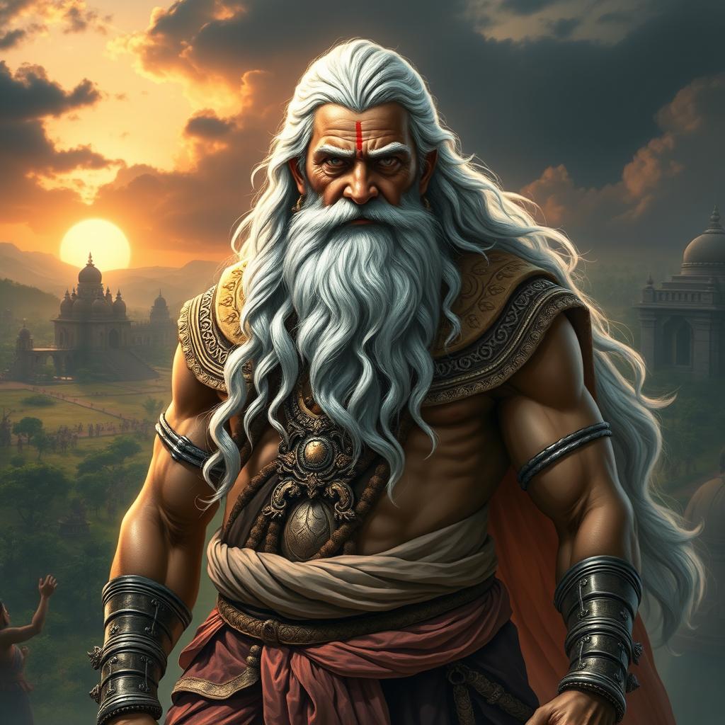 A majestic and powerful portrayal of Bhishma Pitamah from the Indian epic Mahabharata, depicted as an aged warrior with a strong physique and an impressive demeanor