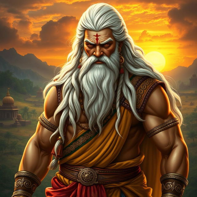 A majestic and powerful portrayal of Bhishma Pitamah from the Indian epic Mahabharata, depicted as an aged warrior with a strong physique and an impressive demeanor