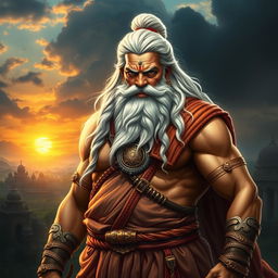 A majestic and powerful portrayal of Bhishma Pitamah from the Indian epic Mahabharata, depicted as an aged warrior with a strong physique and an impressive demeanor