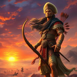 A grand portrayal of Bhishma from the Mahabharata, depicted as an ancient warrior with a noble and serene demeanor, dressed in traditional Indian armor adorned with intricate designs