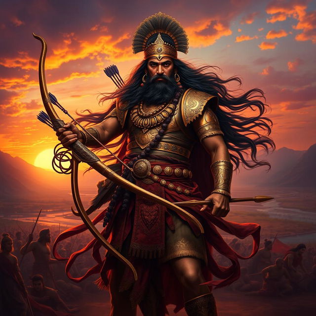 A grand portrayal of Bhishma from the Mahabharata, depicted as an ancient warrior with a noble and serene demeanor, dressed in traditional Indian armor adorned with intricate designs