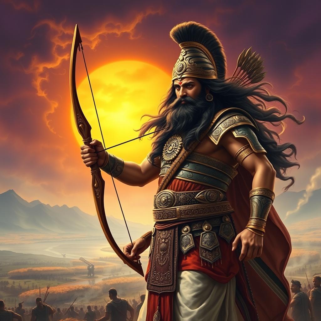 A grand portrayal of Bhishma from the Mahabharata, depicted as an ancient warrior with a noble and serene demeanor, dressed in traditional Indian armor adorned with intricate designs