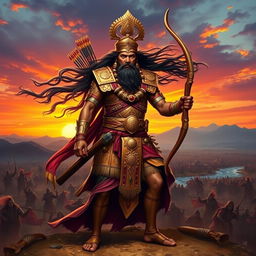 A grand portrayal of Bhishma from the Mahabharata, depicted as an ancient warrior with a noble and serene demeanor, dressed in traditional Indian armor adorned with intricate designs