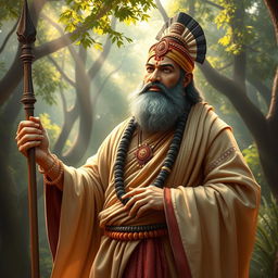 An impressive depiction of Dronacharya, the revered warrior and teacher from the Mahabharata, shown in a regal pose
