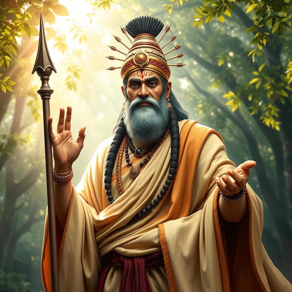 An impressive depiction of Dronacharya, the revered warrior and teacher from the Mahabharata, shown in a regal pose