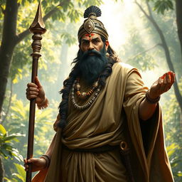 An impressive depiction of Dronacharya, the revered warrior and teacher from the Mahabharata, shown in a regal pose