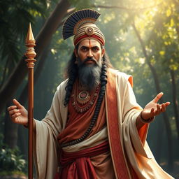 An impressive depiction of Dronacharya, the revered warrior and teacher from the Mahabharata, shown in a regal pose