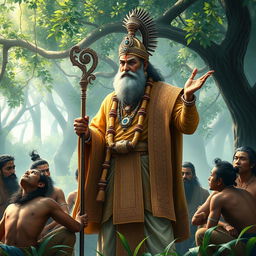 A majestic rendering of Guru Dronacharya, the revered teacher from the Mahabharata, depicted in a traditional ancient Indian setting