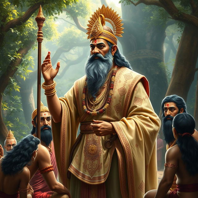 A majestic rendering of Guru Dronacharya, the revered teacher from the Mahabharata, depicted in a traditional ancient Indian setting