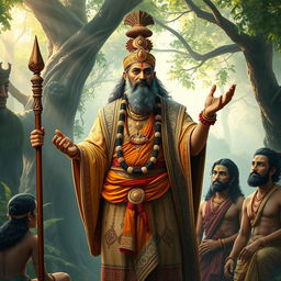 A majestic rendering of Guru Dronacharya, the revered teacher from the Mahabharata, depicted in a traditional ancient Indian setting