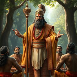 A majestic rendering of Guru Dronacharya, the revered teacher from the Mahabharata, depicted in a traditional ancient Indian setting